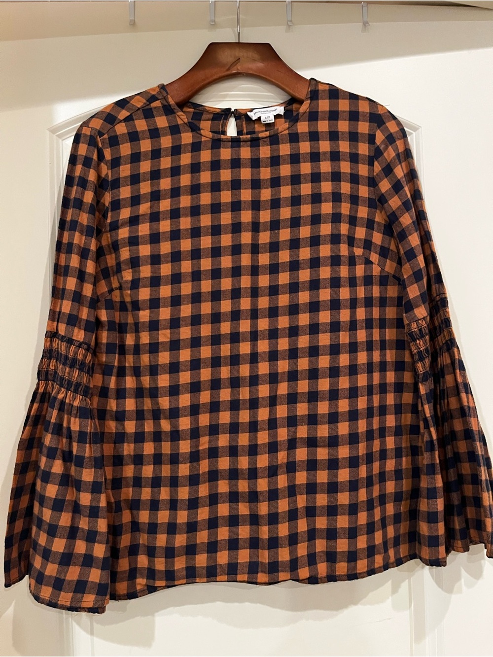 beachlunchlounge Orange and Black Gingham Bell-Sleeve Blouse